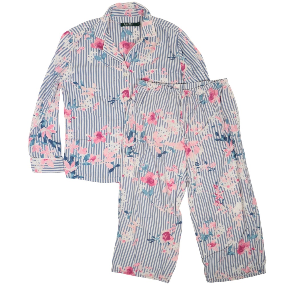 Lauren Ralph Lauren Pajama Set Floral Striped Cotton Blue Women S